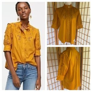 J Crew Embroidered Mock Neck Ruffle Button Up Mustard Honey Color Shirt SZ S
